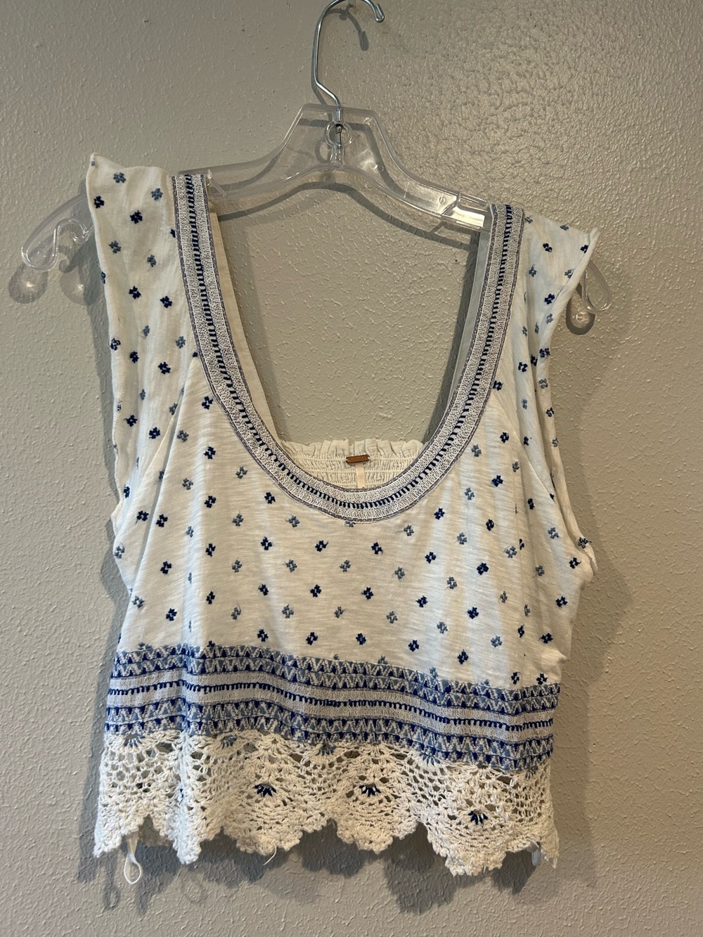 Free People White Crop Tank with Blue Embroidery and Crochet Hem